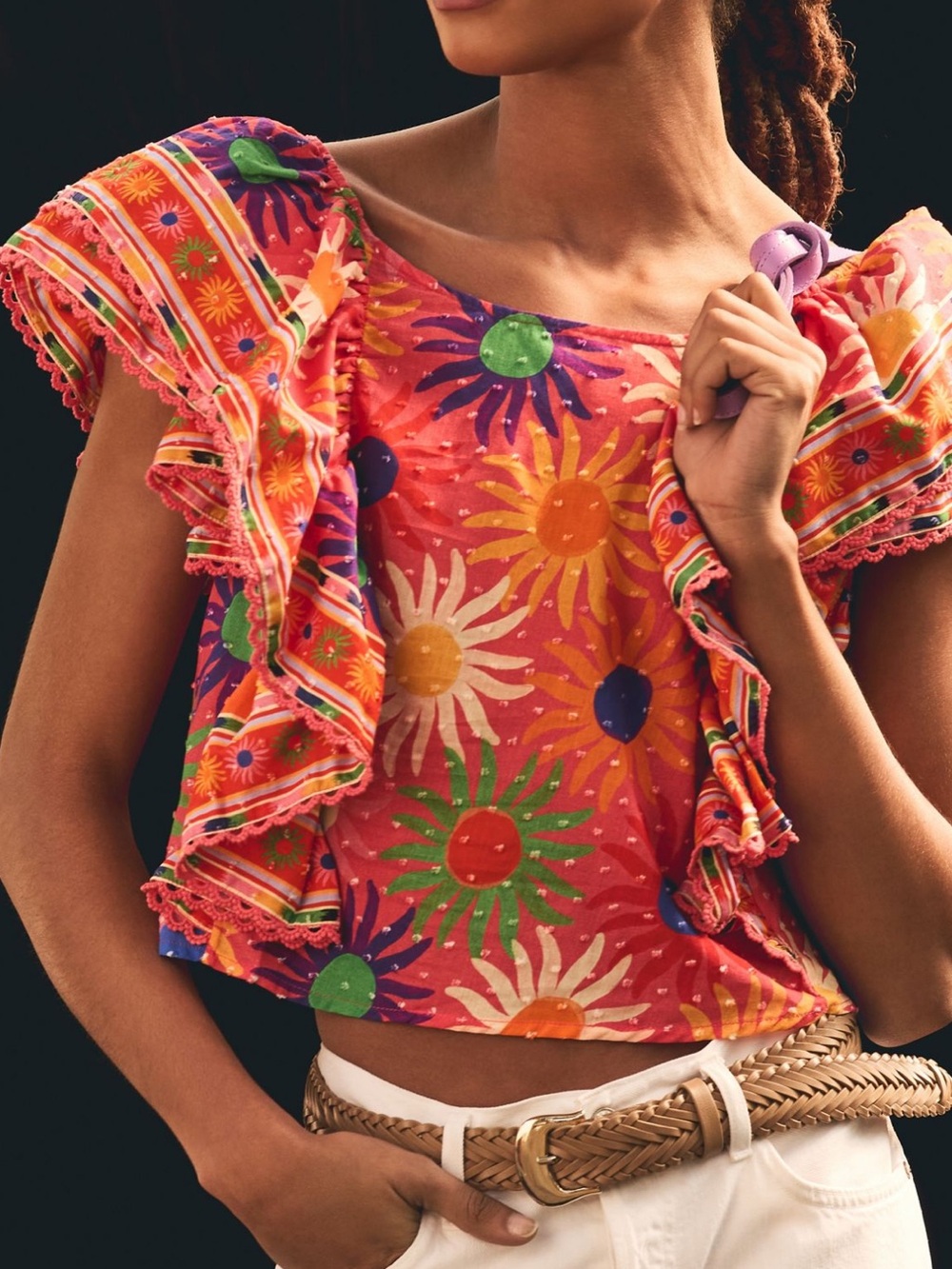 Farm Rio Floral Ruffle Sleeve Cotton Top - Coral Multicolor M $150